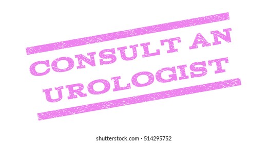 Consult An Urologist watermark stamp. Text caption between parallel lines with grunge design style. Rubber seal stamp with dust texture. Vector violet color ink imprint on a white background.