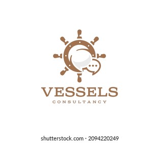 Consultancy and management services to vessels logo design. Steering hand wheel ship consulting vector design. Ship, yacht retro wheel, marine and sea, nautical rudder logotype