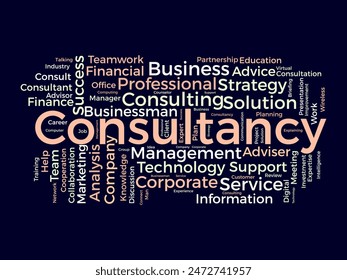 Plantilla de nube de palabras de consultoría. Concepto de gestión de consejeros Vector tagcloud fondo.