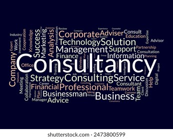 Plantilla de nube de palabras de consultoría. Concepto de gestión de consejeros Vector tagcloud fondo.