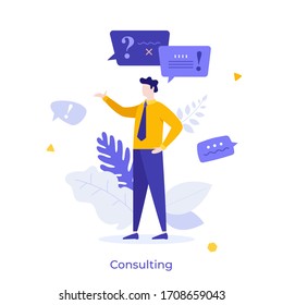 Consultant, advisor or manager answering questions and providing information. Concept of consulting service for business, professional advice, expert opinion. Modern flat colorful vector illustration.