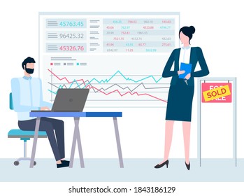 Consultant business realtor, property manager with folder in hands and agent at table, board with data. Vector broker in suit with board for sale and sold