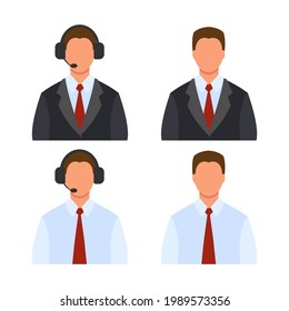 Consultant and businessman. Office work. Online customer service. Helping clients. Concept illustration for call center, support, hotline, telemarketing. Set of avatars, icons. Vector in flat style.