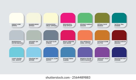 Consultant Color Guide Palette with Color Names. Catalog Sample Consultants with RGB HEX codes and Names. Colors Palette, management Consultant Color Palette, Fashion Trend Consultant Color Palette