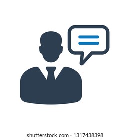 Consultant, customer service, customer support, help icon, Management consulting vector icon. Illustration isolated on white background, man and a speech bubble. information. monochrome icon