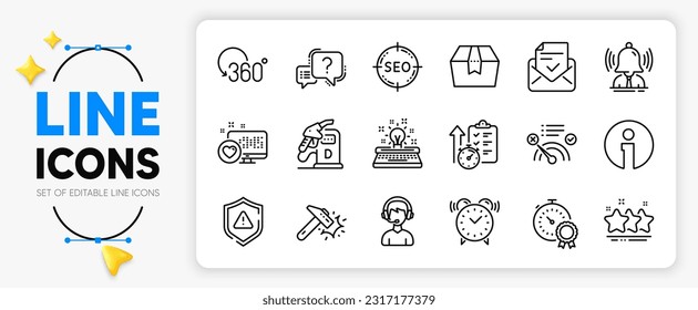 Consultant, Hammer blow and No internet line icons set for app include Stars, Diesel station, Seo outline thin icon. Brand, Timer, Approved mail pictogram icon. Full rotation. Vector