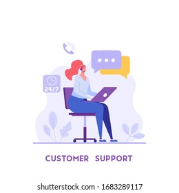 Consultant with headsets helps customers. Customer support. Concept of hotline worker, online assistant, pr, customer attraction. Vector illustration in flat for UI, web banner, mobile app