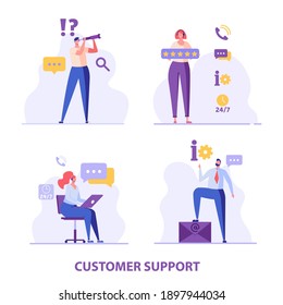 Consultant with headsets helps customers. Customer support. Concept of hotline worker, online assistant, telemarketer, customer attraction. Vector illustration in flat for UI, web banner, mobile app