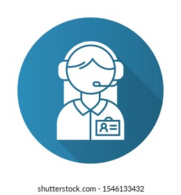 Consultant help blue flat design long shadow glyph icon. Call center manager in headset. Phone dispatcher, customer support operator. Helpline and telemarketing. Vector silhouette illustration