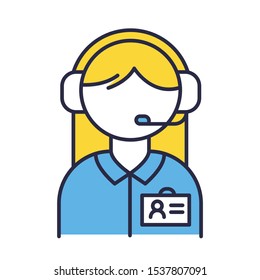 Consultant help color icon. Call center manager in headset. Phone dispatcher, customer support operator. Female sales agent. Helpline and telemarketing concept. Isolated vector illustration