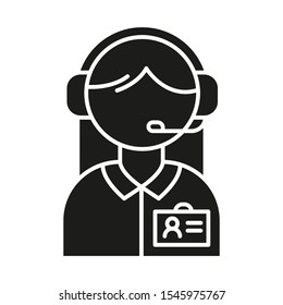 Consultant help glyph icon. Call center manager in headset. Phone dispatcher, customer support operator. Helpline and telemarketing. Silhouette symbol. Negative space. Vector isolated illustration