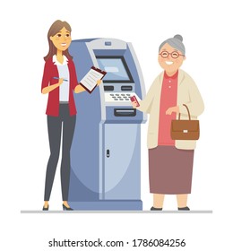Consultant helping senior woman - flat design style illustration with cartoon characters. Cheerful retired person and young female assistant, bank manager talking at the ATM. Elderly people care