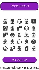 consultant icon set. 25 filled consultant icons.  Collection Of - Call center, Headset, Account, Suit, User, Operator icons