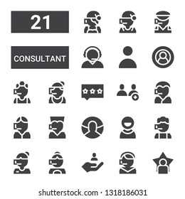 consultant icon set. Collection of 21 filled consultant icons included User, Call center, Users, Review, Customer service