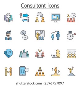 Consultant icon set in color line style