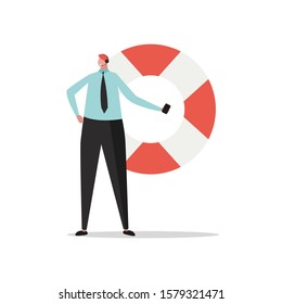 Consultant with laptop talking with client online. Help with life buoy. Concept of customer service, call center, online assistant, technical support. Vector illustration in flat cartoon design