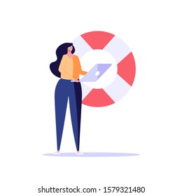 Consultant with laptop talking with client online. Help with life buoy. Concept of customer service, call center, online assistant, technical support. Vector illustration in flat cartoon design