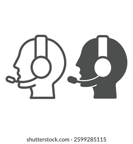 Consultant man with headphones line and solid icon, design recruitment concept. Vector graphics. Human head with headset, support sign on white background, outline style icon for mobile or web design