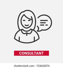 Consultant - modern vector single line design icon. An image of a friendly female ready to help her clients with good service, speech bubble. Support, helpdesk presentation.