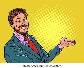 O consultor se oferece para escolher a melhor oferta para o cliente. Anúncio de novas promoções, descontos e notícias. Um homem de terno aponta para o lado com a mão. Ilustração de vetor retrô de pop art