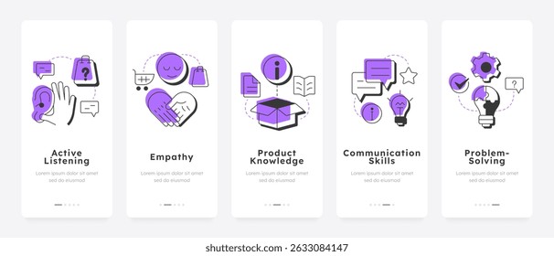 Consultant skills mobile app onboarding screens. Customer service. Communication, knowledge, Problem solving. Flat UI UX design, purple highlight with outline icons conceptual