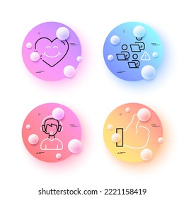 Consultant, Smile face and Teamwork minimal line icons. 3d spheres or balls buttons. Like icons. For web, application, printing. Call center, Love heart, Remote work. Thumbs up. Vector
