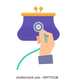 Consultant using a stethoscope on a purse. Flat vector concept illustration of businessman hand with stethoscope, man check a business health. Infographic elements for web, presentation, brochure.