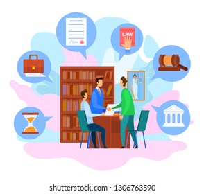 Consultation at Attorney Office. Vector EPS 10. Image of Notary and Client Handshaking. Gavel and Sand Watch. Agreement, Law Book Icons. Lawyer Services Concept. Law Protection. Business Deal.