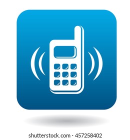 Consultation by phone icon in flat style in blue square. Service symbol