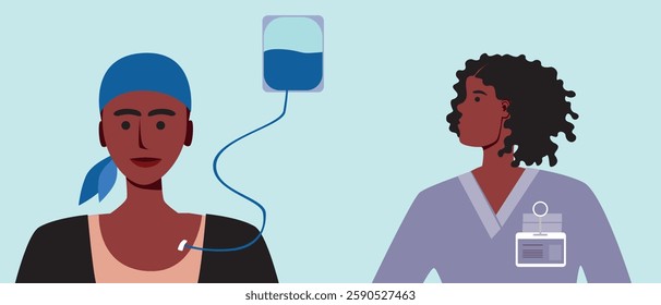 Consultation of a cancer patient with a doctor, flat vector stock illustration with medicine and chemotherapy