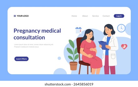 Consulta e check-up durante a gravidez. Gestante visita ginecologista no consultório médico. Médica fala com a mãe esperando um bebê. Ilustração em plano vetorial