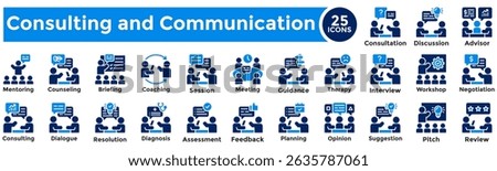 Consultation and communication icon collection set. Containing interview, discussion, meeting, opinion, session, negotiation, briefing, suggestion, resolution icon. Simple flat vector illustration.
