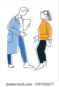 Consultation concept. Conversation between doctor and patient. Dialogue between medical professor and student. Single line vector illustration