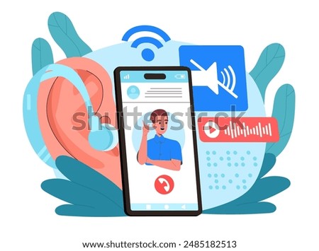Consultation for deaf and mute. Man on smartphone screen with video call. Hearing aid for treatment. Health care and medicine. Flat vector illustration isolated on white background