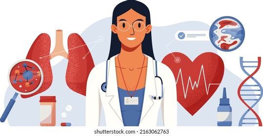 Consultation With A Doctor. Full Body Health Check Up Vector Concept Digital Illustration. Medical Diagnosis Of Human Cardiovascular Diseases, Blood Pressure, Heart Anatomy, Lungs. Banner, Poster