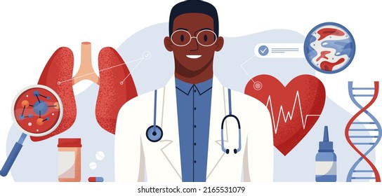 Consultation With A Doctor. Full Body Health Check Up Vector Concept Digital Illustration. Medical Diagnosis Of Human Cardiovascular Diseases, Blood Pressure, Heart Anatomy, Lungs. Banner, Poster