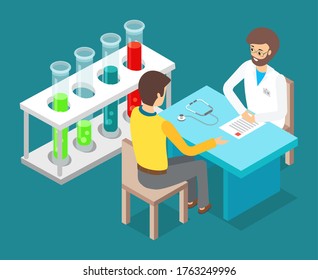 Consultation with doctor. Man patient sitting at chair, talking with doctor. Doctor man sitting at table with stethoscope. Checking health in doctor in clinic. Therapist or physician consultation