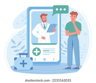 Consultation with doctor. Man stands near smartphone with specialist, propping his head with his hand, patient. Remote communication, gadget and device concept. Cartoon flat vector illustration