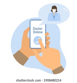 Consultation Doctor online vector illustration Hands hold cell phone Online medical communication with patient. Virtual hospital. Medical support. Healthcare. Flat style Design for website, app, print