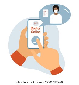 Consultation Doctor online vector illustration Hands hold cell phone Online medical communication with patient. Virtual hospital. Medical support. Healthcare. Flat style Design for website, app, print