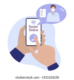 Consultation Doctor online vector illustration Hands hold cell phone Online medical communication with patient. Virtual hospital. Medical support. Healthcare. Flat style Design for website, app, print