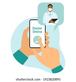 Consultation Doctor online vector illustration Hands hold cell phone Online medical communication with patient. Virtual hospital. Medical support. Healthcare. Flat style Design for website, app, print