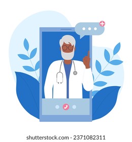 Beratung mit einem Arzt über ein Mobiltelefon oder eine Anwendung. Vektorgrafik im flachen Cartoon-Stil. Das Konzept des Schutzes und der Medizin.