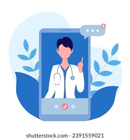 Consultation with a doctor using a mobile phone or application. Vector illustration in flat cartoon style.	
