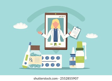 Consultation with doctor using mobile phone application. Doctor is holding prescription and showing the medication. Concept of online medicine, telemedicine. Flat vector illustration.