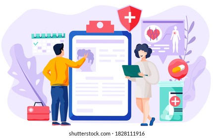 Consulta con el médico usando el concepto de comunicación remota, aplicación médica por teléfono. paramédica con hoja de asignación hablando con paciente. Tecnologías modernas para la conversación en línea