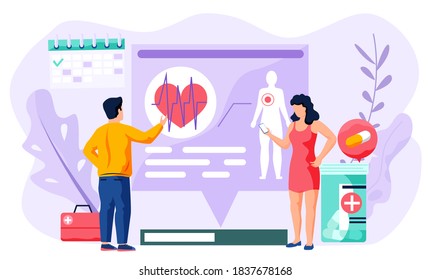 Consultation with doctor using remote communication concept, medical application on computer. Woman and man talking to doctor about test results about the work of the heart system of patient