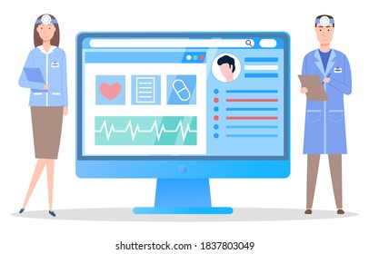 Consulta con el médico utilizando el concepto de comunicación remota aplicación médica en el ordenador. El hombre y la mujer otolaringólogo usan tarjeta electrónica de paciente. Monitorear la pantalla con la aplicación para la conversación en línea