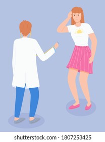 Consultation with doctor. Woman patient has headache, talking with doctor. Physician or therapist with stethoscope standing back. Checking health in doctor.Consultation of doctor, cartoon characters