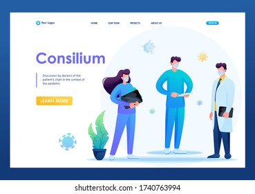 Consultation of doctors, discussing the patient's card. Keeps a social distance and wears masks. Flat 2D. Vector illustration for a landing page.